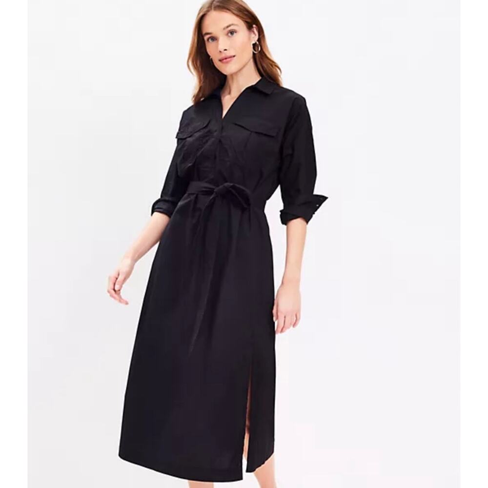LOFT Black Midi Shirtdress with Tie Waist